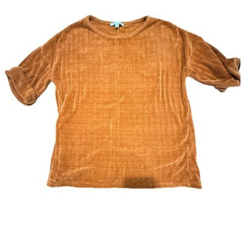 She + Sky Womens Size Small Orange Velvet Ribbed Knit Short Sleeve Blouse Top